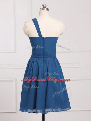 Chiffon One Shoulder Sleeveless Zipper Ruching Quinceanera Dama Dress in Blue