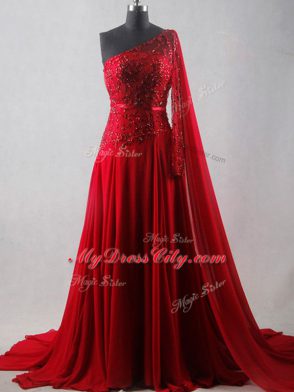 Wine Red Empire Chiffon One Shoulder Sleeveless Beading and Belt Zipper Homecoming Dress Court Train