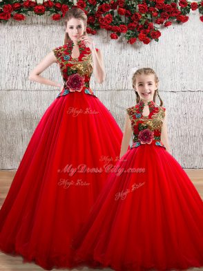 Delicate Floor Length Red Quinceanera Dress High-neck Sleeveless Lace Up