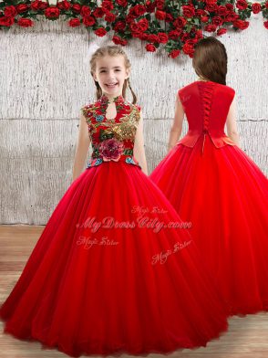 Delicate Floor Length Red Quinceanera Dress High-neck Sleeveless Lace Up