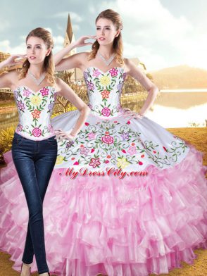 Excellent Floor Length Lace Up Vestidos de Quinceanera Rose Pink for Military Ball and Sweet 16 and Quinceanera with Embroidery and Ruffled Layers