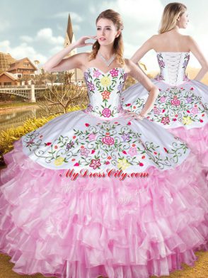 Excellent Floor Length Lace Up Vestidos de Quinceanera Rose Pink for Military Ball and Sweet 16 and Quinceanera with Embroidery and Ruffled Layers