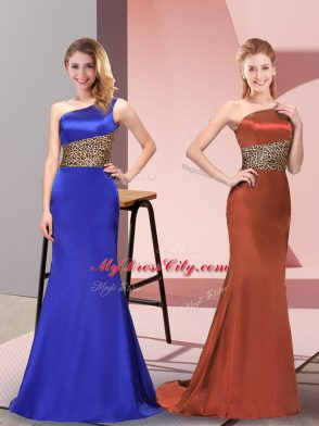 Designer Royal Blue Column/Sheath Pattern Homecoming Dress Side Zipper Elastic Woven Satin Sleeveless Floor Length