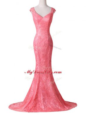 Decent Watermelon Red Backless V-neck Lace Going Out Dresses Lace Cap Sleeves Brush Train