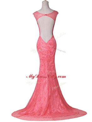 Decent Watermelon Red Backless V-neck Lace Going Out Dresses Lace Cap Sleeves Brush Train