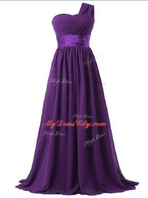 Designer Purple One Shoulder Lace Up Ruching Bridesmaid Gown Sleeveless