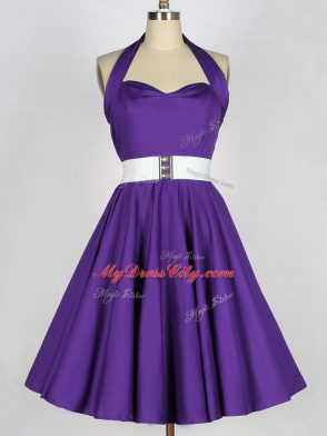 Purple A-line Halter Top Sleeveless Taffeta Knee Length Zipper Ruching Quinceanera Court of Honor Dress