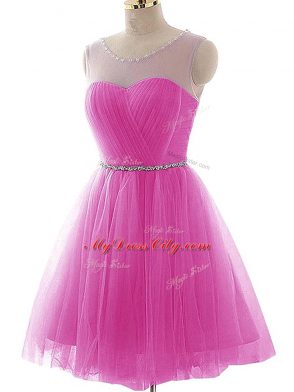 Gorgeous Fuchsia Scoop Neckline Beading and Ruching Evening Gowns Sleeveless Lace Up