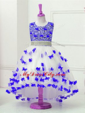 Sweet Ball Gowns Flower Girl Dresses for Less Blue And White Scoop Tulle Sleeveless High Low Zipper