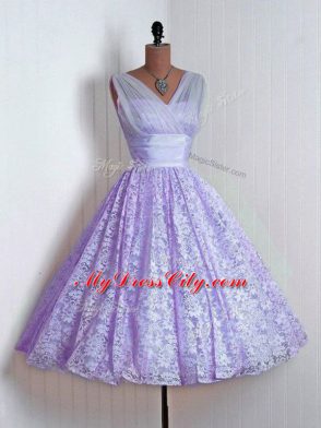 Modern Lavender Sleeveless Lace Lace Up Quinceanera Court of Honor Dress for Prom and Party and Wedding Party