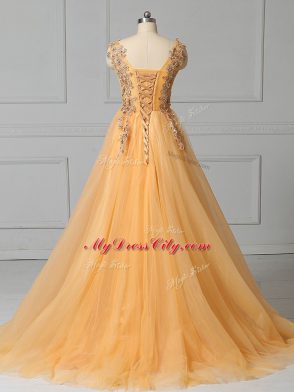 Customized Gold Empire Scoop Sleeveless Tulle Brush Train Lace Up Appliques and Pattern Prom Dress