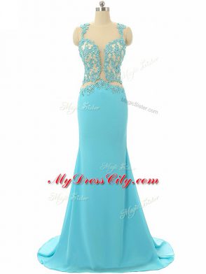 Aqua Blue Evening Wear Chiffon Brush Train Sleeveless Lace and Appliques