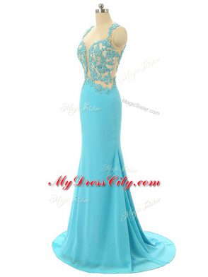 Aqua Blue Evening Wear Chiffon Brush Train Sleeveless Lace and Appliques