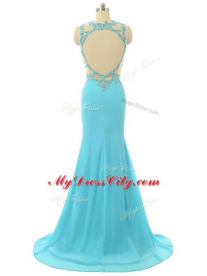 Aqua Blue Evening Wear Chiffon Brush Train Sleeveless Lace and Appliques