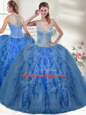 Blue Organza Zipper Quinceanera Gown Sleeveless Floor Length Beading and Ruffles