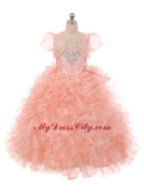 Amazing Straps Sleeveless Juniors Party Dress Floor Length Beading and Ruffles Peach Organza