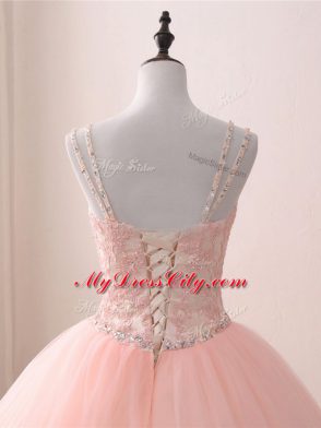 V-neck Sleeveless Tulle Quince Ball Gowns Beading and Appliques Lace Up