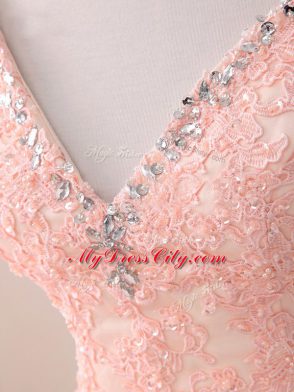 V-neck Sleeveless Tulle Quince Ball Gowns Beading and Appliques Lace Up
