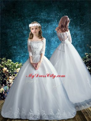 Decent White Tulle Clasp Handle Flower Girl Dresses for Less Half Sleeves Brush Train Lace