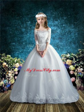 Decent White Tulle Clasp Handle Flower Girl Dresses for Less Half Sleeves Brush Train Lace