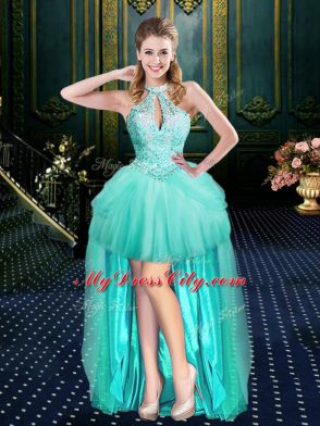 Aqua Blue Lace Up Halter Top Beading and Pick Ups Quinceanera Dresses Tulle Sleeveless