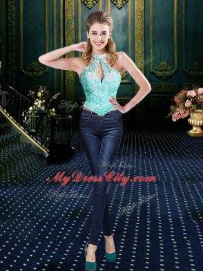 Aqua Blue Lace Up Halter Top Beading and Pick Ups Quinceanera Dresses Tulle Sleeveless