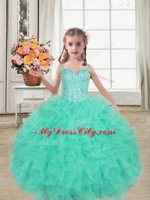 Turquoise Ball Gowns Straps Sleeveless Organza Floor Length Lace Up Beading and Ruffles Little Girl Pageant Dress