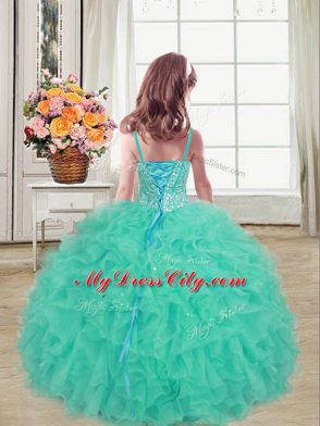 Turquoise Ball Gowns Straps Sleeveless Organza Floor Length Lace Up Beading and Ruffles Little Girl Pageant Dress