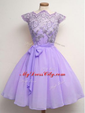 Fabulous Lavender Cap Sleeves Lace and Belt Knee Length Damas Dress