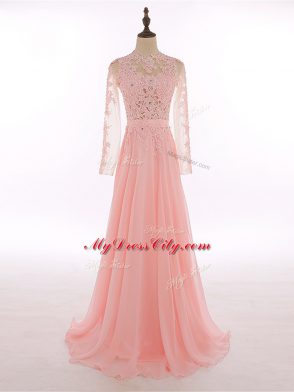 Peach Empire Chiffon High-neck Sleeveless Lace and Appliques Floor Length Zipper Going Out Dresses