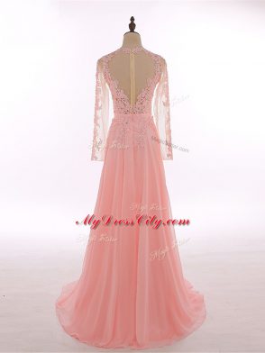 Peach Empire Chiffon High-neck Sleeveless Lace and Appliques Floor Length Zipper Going Out Dresses