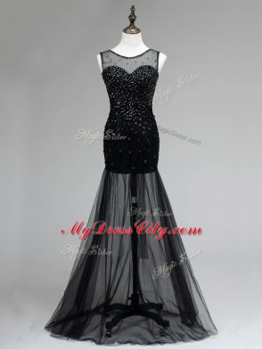 Black Sleeveless Floor Length Beading Backless Prom Party Dress