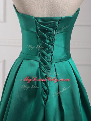 Sleeveless Floor Length Belt Lace Up Vestidos de Damas with Dark Green
