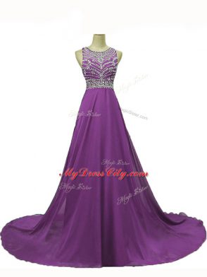 Unique Scoop Sleeveless Evening Wear Brush Train Beading Eggplant Purple Chiffon