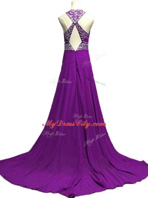 Unique Scoop Sleeveless Evening Wear Brush Train Beading Eggplant Purple Chiffon