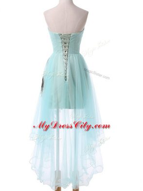 High Low Aqua Blue Evening Dress Tulle Sleeveless Appliques