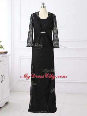 Column/Sheath Mother of the Bride Dress Black Scoop Lace Long Sleeves Floor Length Zipper