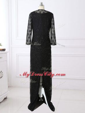 Column/Sheath Mother of the Bride Dress Black Scoop Lace Long Sleeves Floor Length Zipper