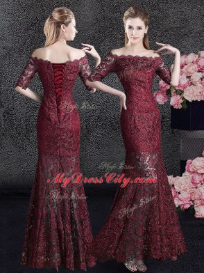 Mermaid Lace Off The Shoulder Half Sleeves Lace Up Lace Mother of Groom Dress in Wine Red