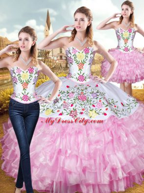 Flirting Rose Pink Sleeveless Embroidery and Ruffled Layers Floor Length Sweet 16 Quinceanera Dress
