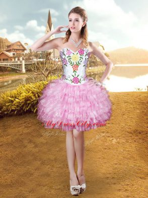Flirting Rose Pink Sleeveless Embroidery and Ruffled Layers Floor Length Sweet 16 Quinceanera Dress