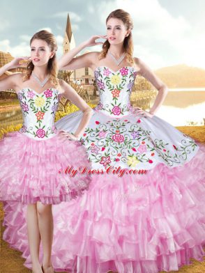 Flirting Rose Pink Sleeveless Embroidery and Ruffled Layers Floor Length Sweet 16 Quinceanera Dress