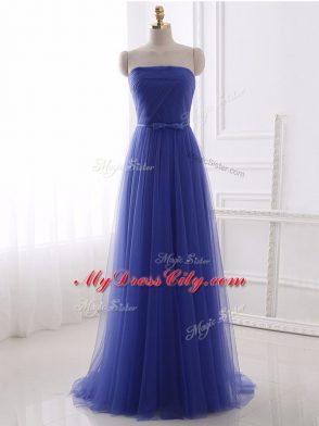 Blue Zipper Prom Evening Gown Beading and Belt Sleeveless Floor Length