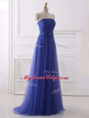 Blue Zipper Prom Evening Gown Beading and Belt Sleeveless Floor Length