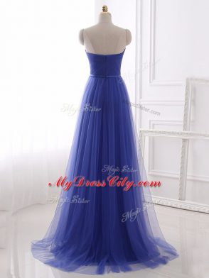 Blue Zipper Prom Evening Gown Beading and Belt Sleeveless Floor Length