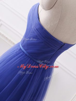 Blue Zipper Prom Evening Gown Beading and Belt Sleeveless Floor Length