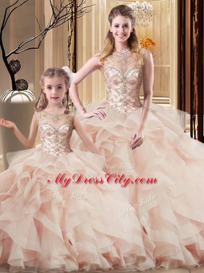New Arrival Peach Ball Gowns Beading and Ruffles Vestidos de Quinceanera Lace Up Tulle Sleeveless