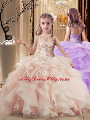 New Arrival Peach Ball Gowns Beading and Ruffles Vestidos de Quinceanera Lace Up Tulle Sleeveless