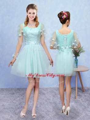 Mini Length Lace Up Dama Dress Aqua Blue for Prom and Party with Appliques