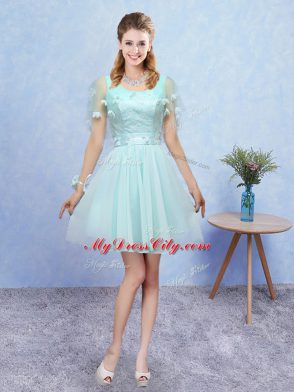 Mini Length Lace Up Dama Dress Aqua Blue for Prom and Party with Appliques